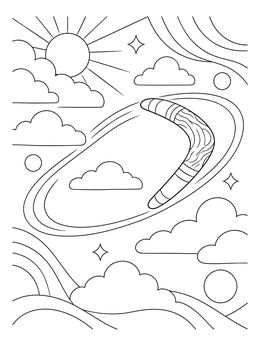 A decorated boomerang coloring page soaring through clouds and sun with motion lines.