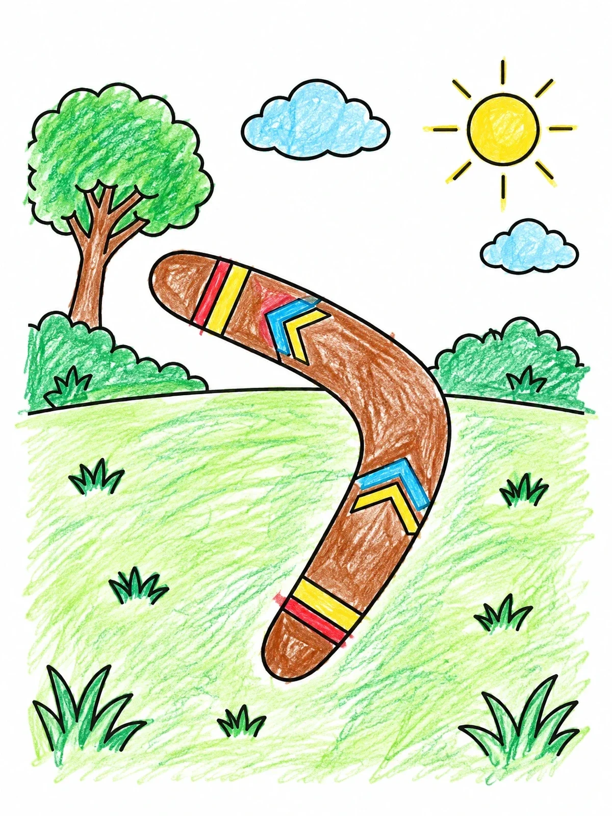 Colored example of the Boomerang Flying Over Sunny Meadow coloring page