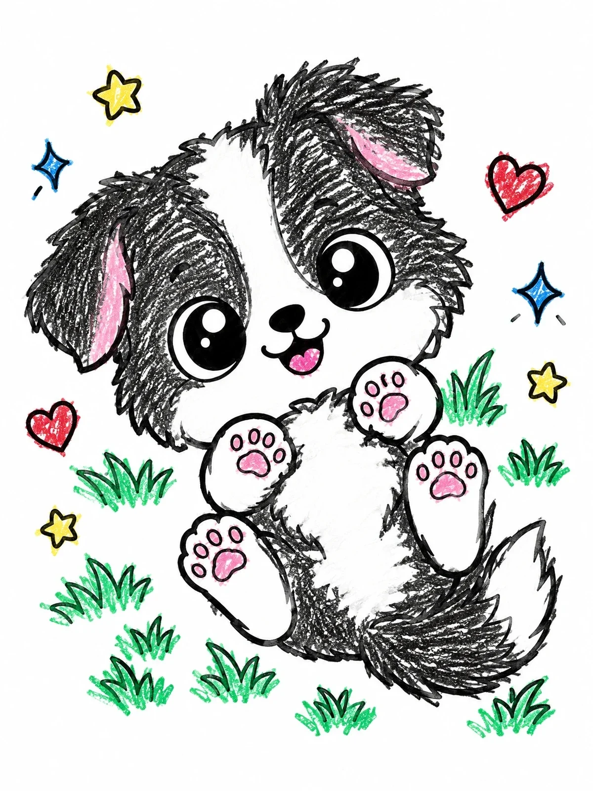 Colored example of the Playful Puppy Rolling In Grass coloring page