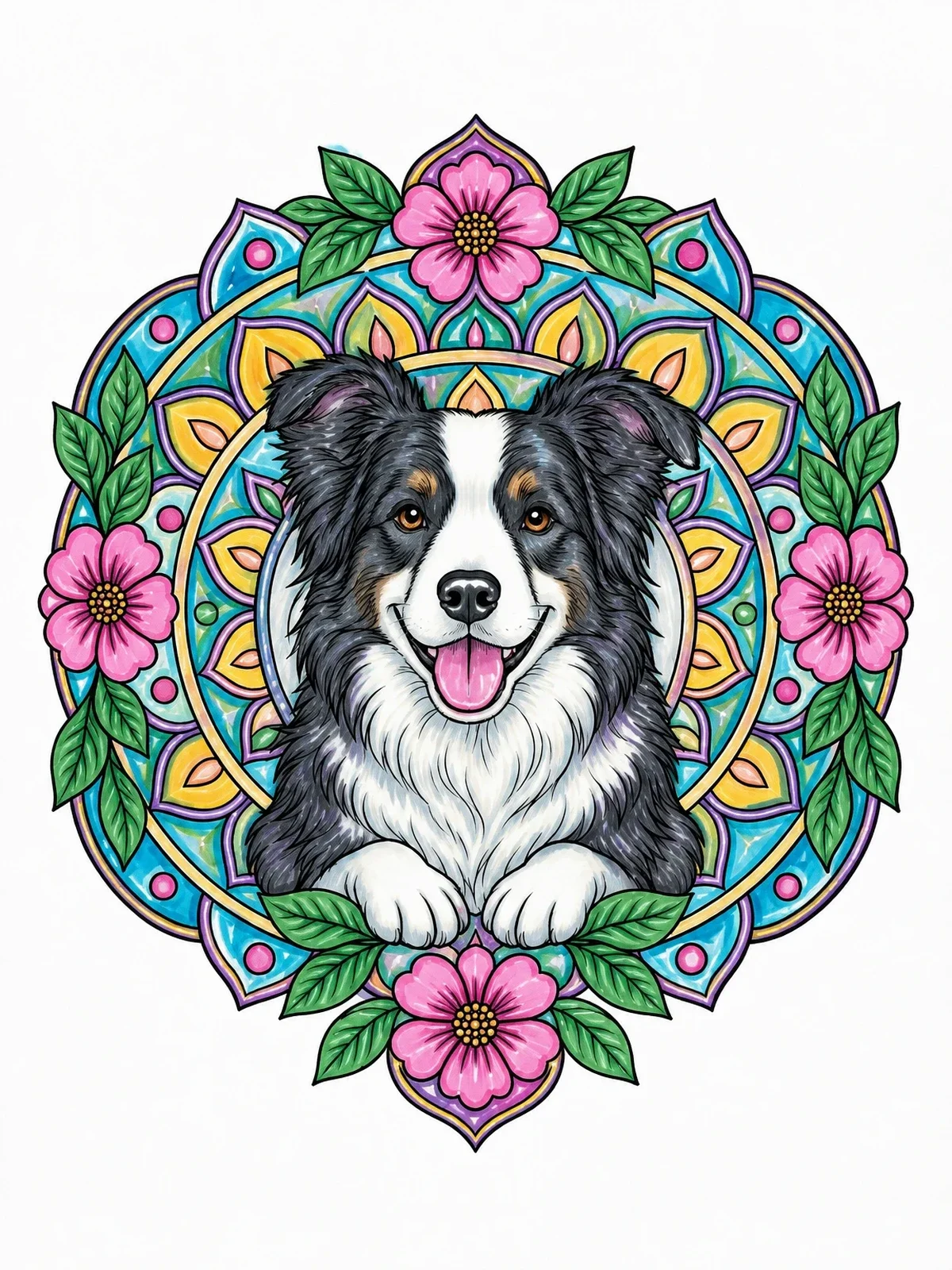 Colored example of the Border Collie With Floral Mandala coloring page