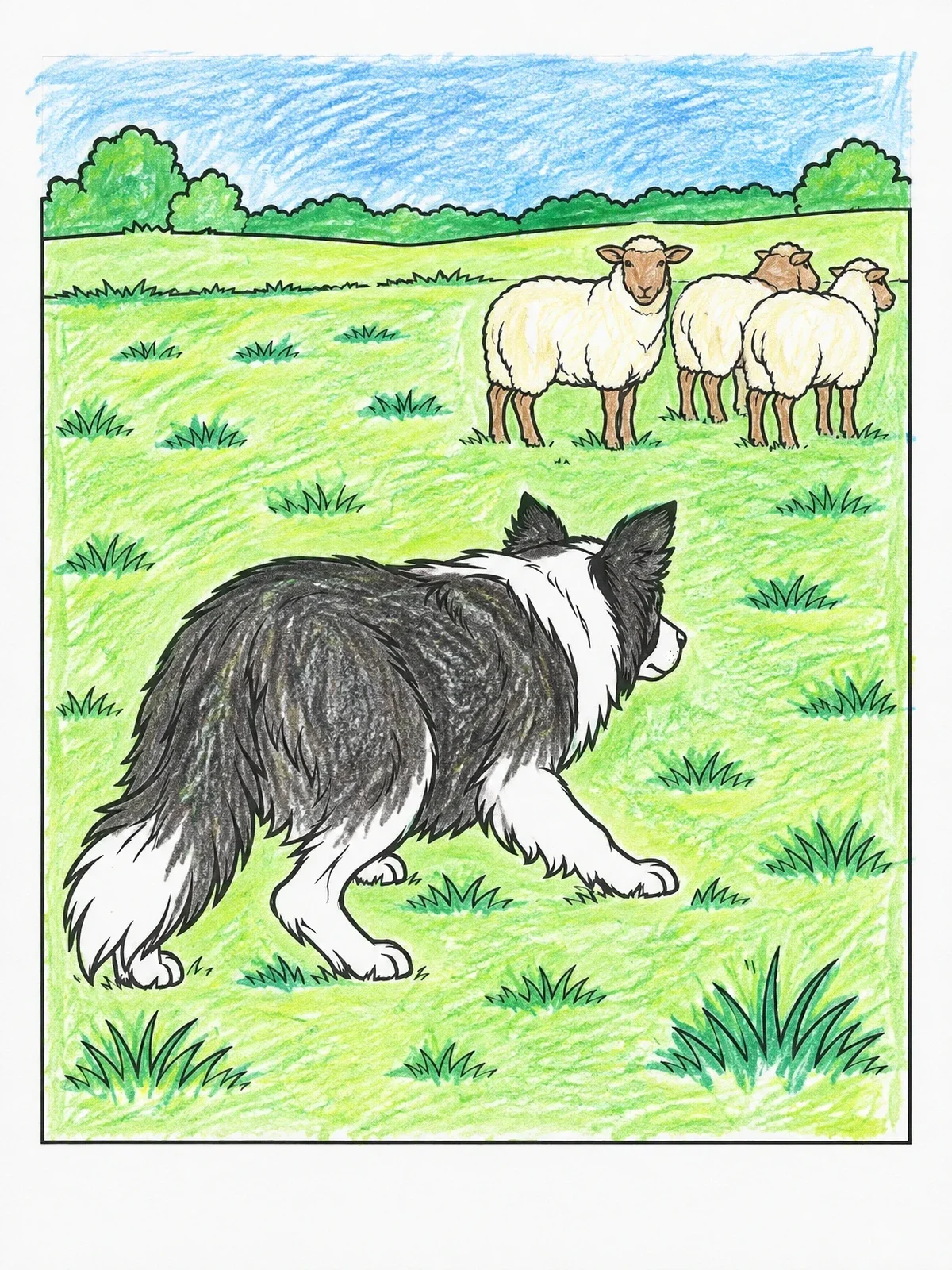Colored example of the Border Collie Herding Sheep In Field coloring page
