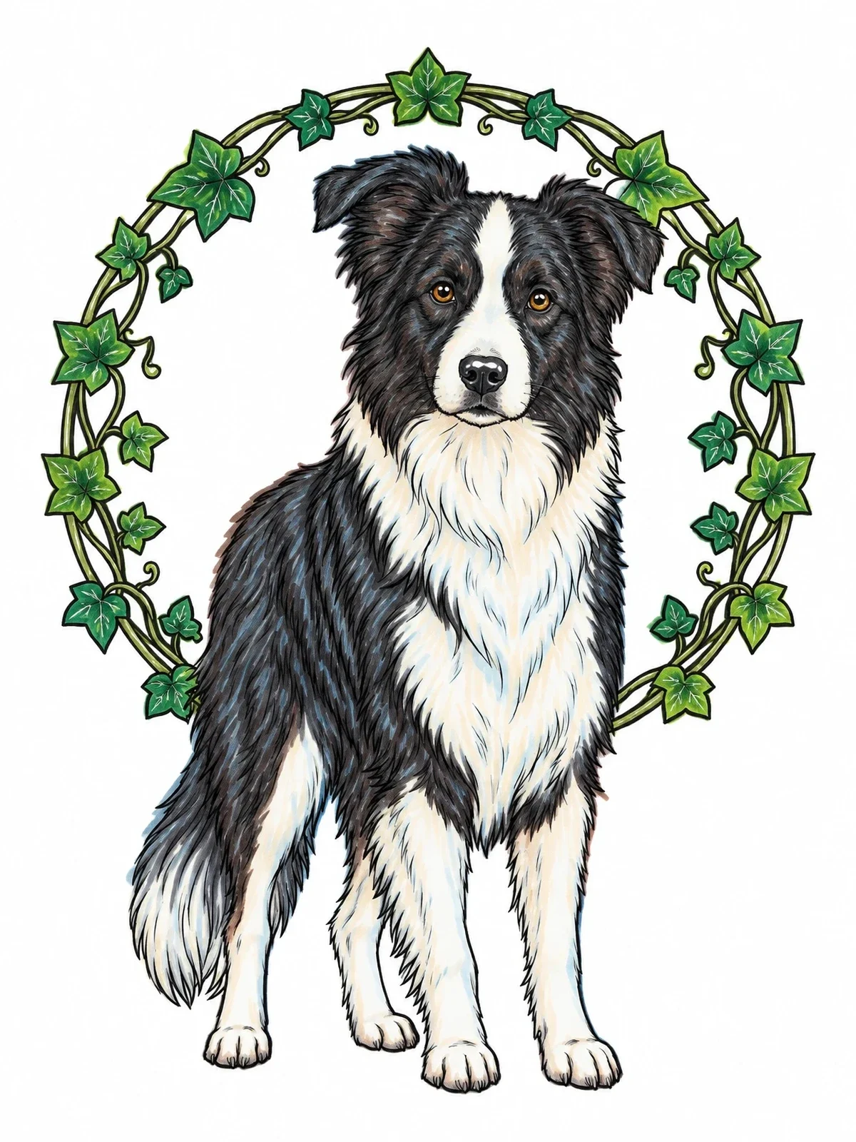 Colored example of the Border Collie With Ivy Wreath Frame coloring page