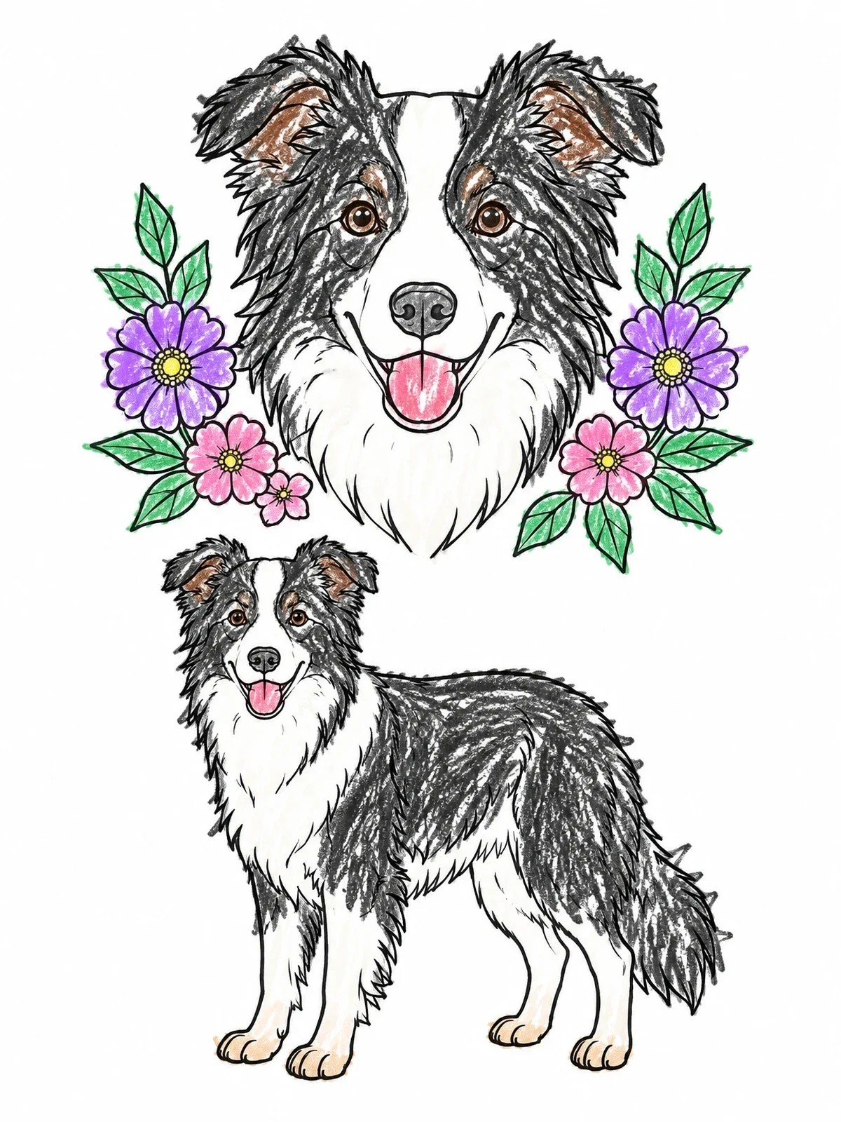 Colored example of the Border Collie Portrait And Standing Dog coloring page