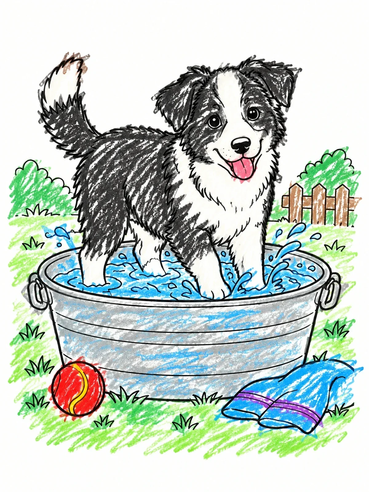 Colored example of the Playful Puppy In Wash Tub coloring page