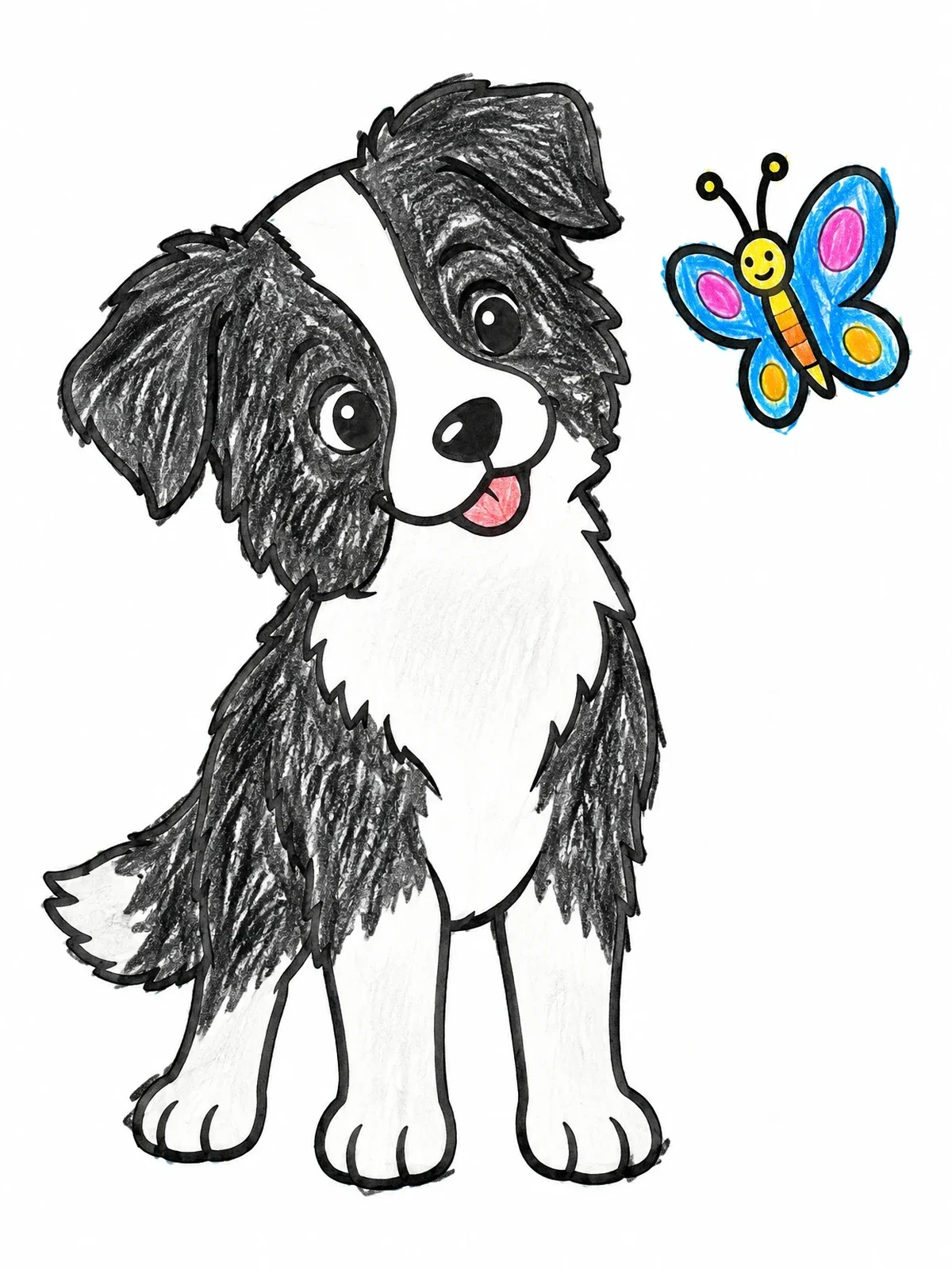 Colored example of the Puppy And Garden Butterfly coloring page