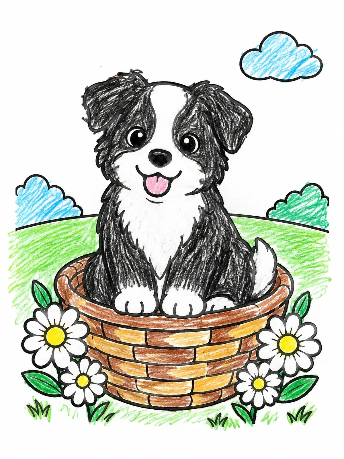 Colored example of the Cute Border Collie Puppy In Basket coloring page
