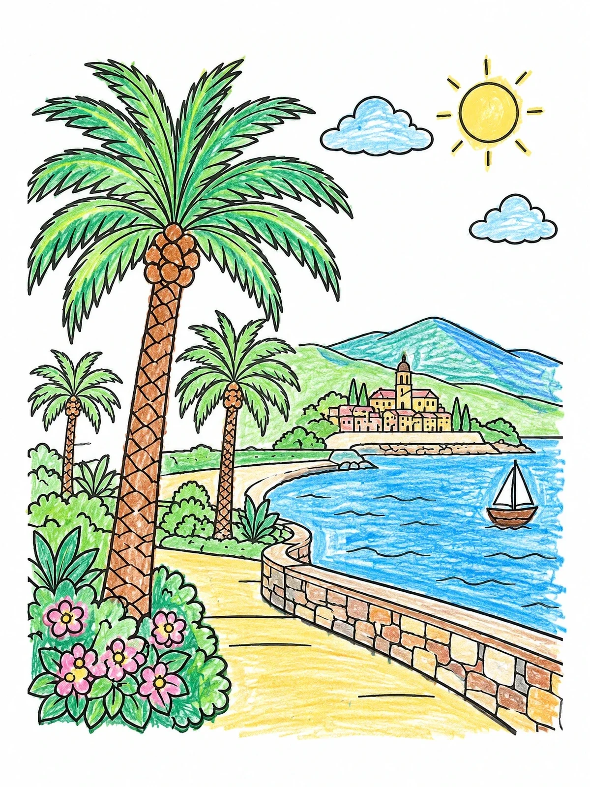 Colored example of the Sunny Bordighera Coast With Palm Trees coloring page