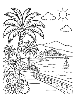 Free printable Sunny Bordighera Coast With Palm Trees coloring page