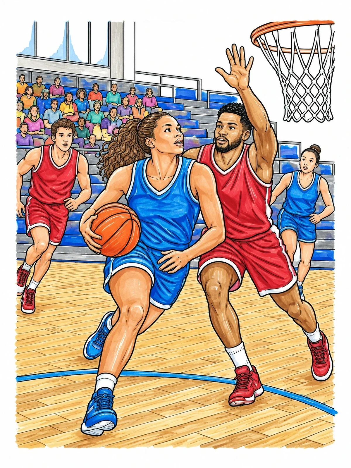 Colored example of the Basketball Action On The Parquet Court coloring page