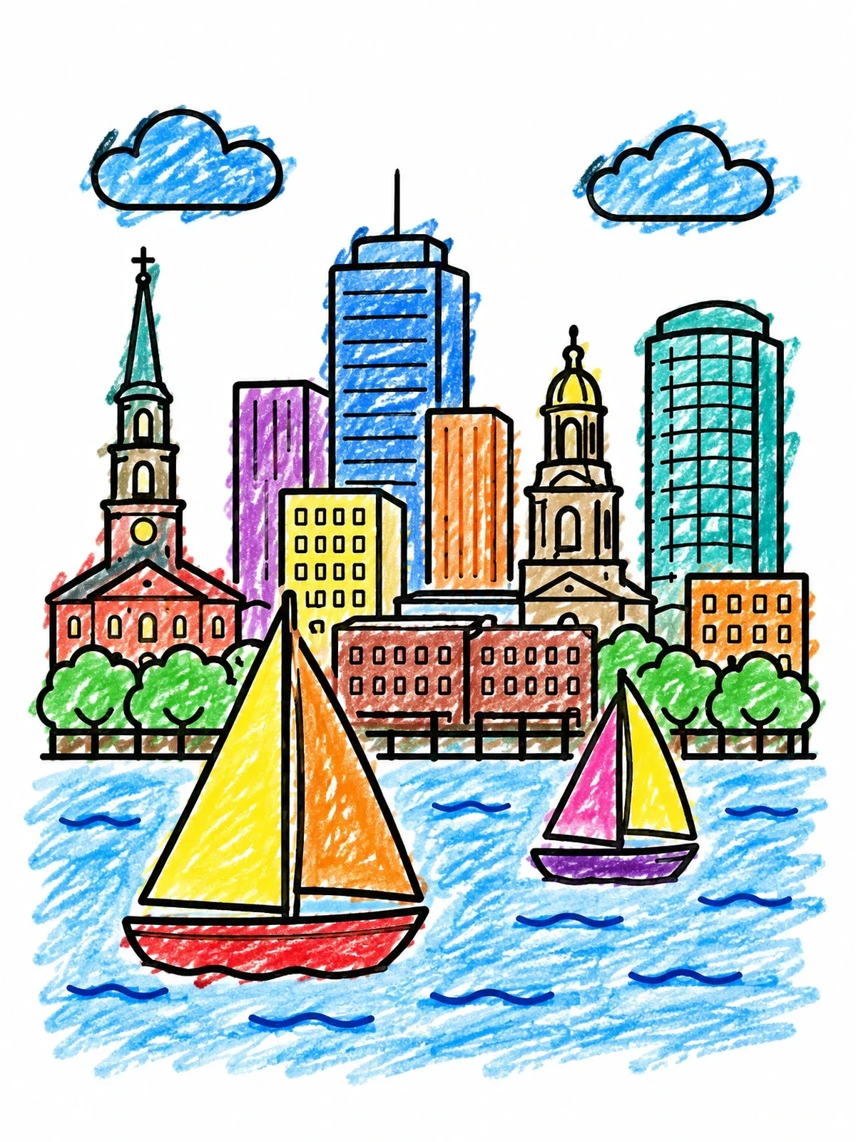 Colored example of the Boston Harbor Skyline And Sailboats coloring page