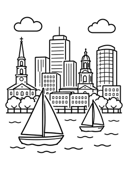 Free printable Boston Harbor Skyline And Sailboats coloring page