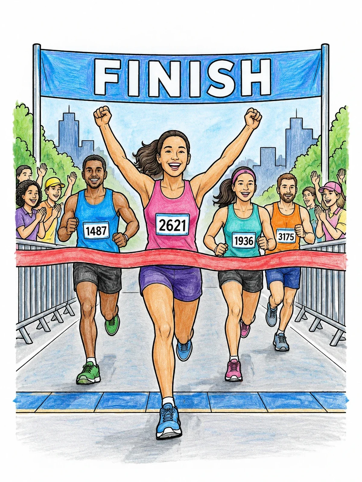 Colored example of the Marathon Runners Crossing The Finish Line coloring page
