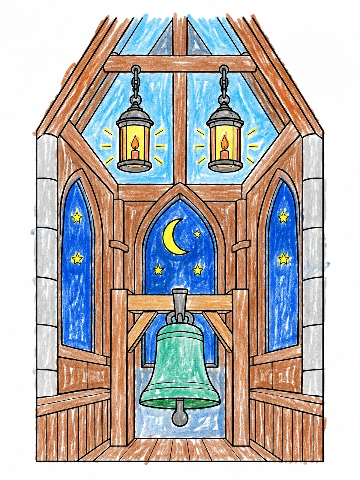 Colored example of the Old North Church Belfry Lanterns coloring page
