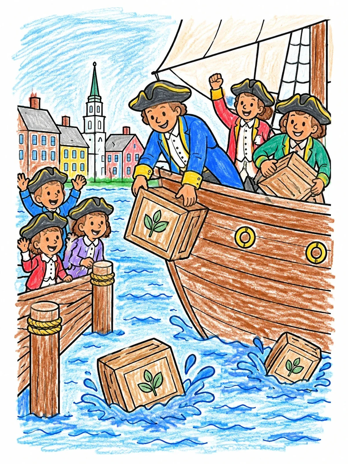 Colored example of the Boston Tea Party Harbor Scene coloring page