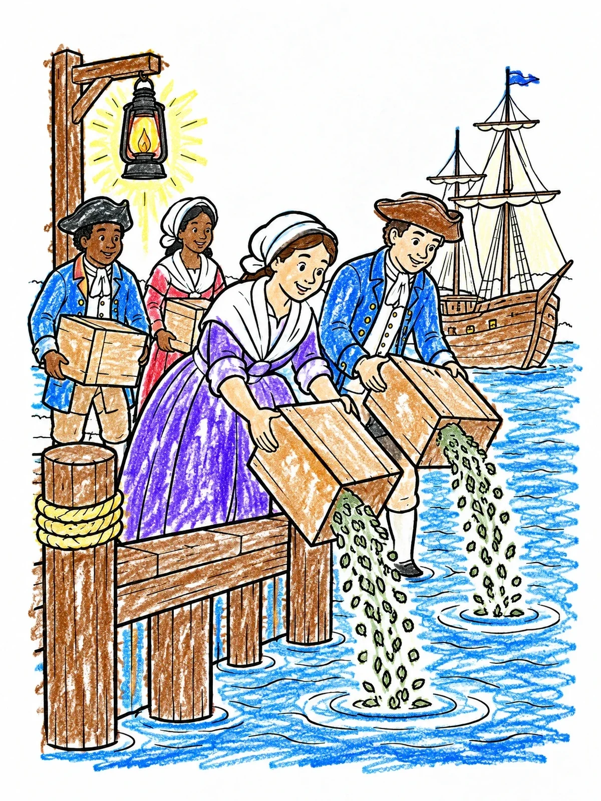 Colored example of the Boston Tea Party At The Harbor coloring page