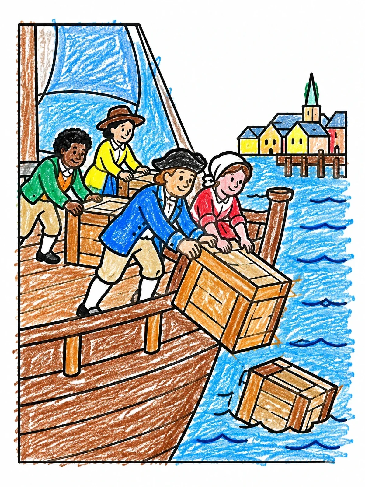 Colored example of the Boston Tea Party Ship coloring page