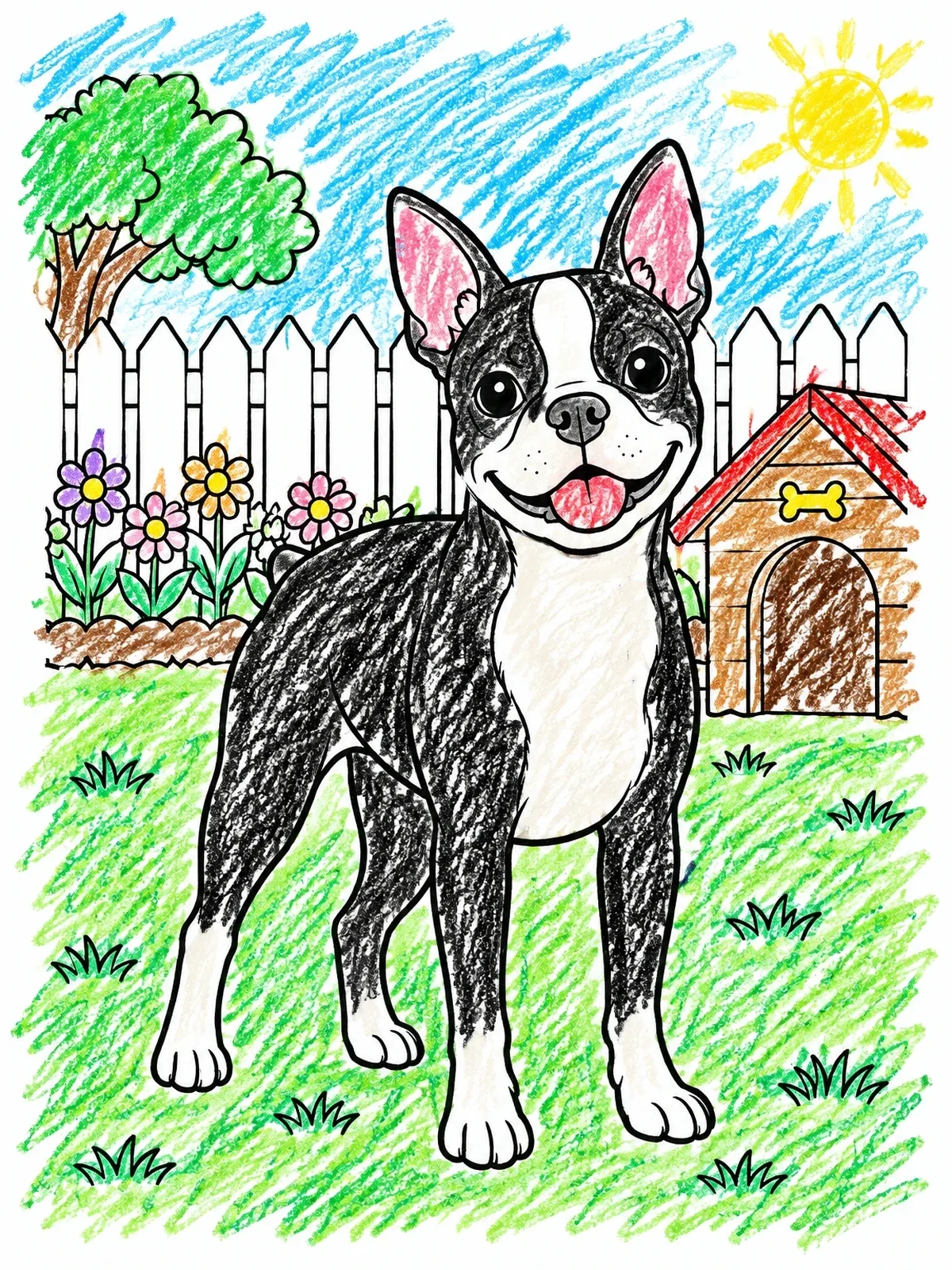Colored example of the Happy Boston Terrier In The Backyard coloring page