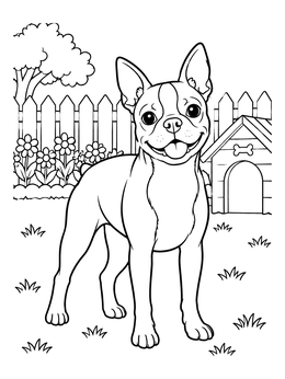 Free printable Happy Boston Terrier In The Backyard coloring page
