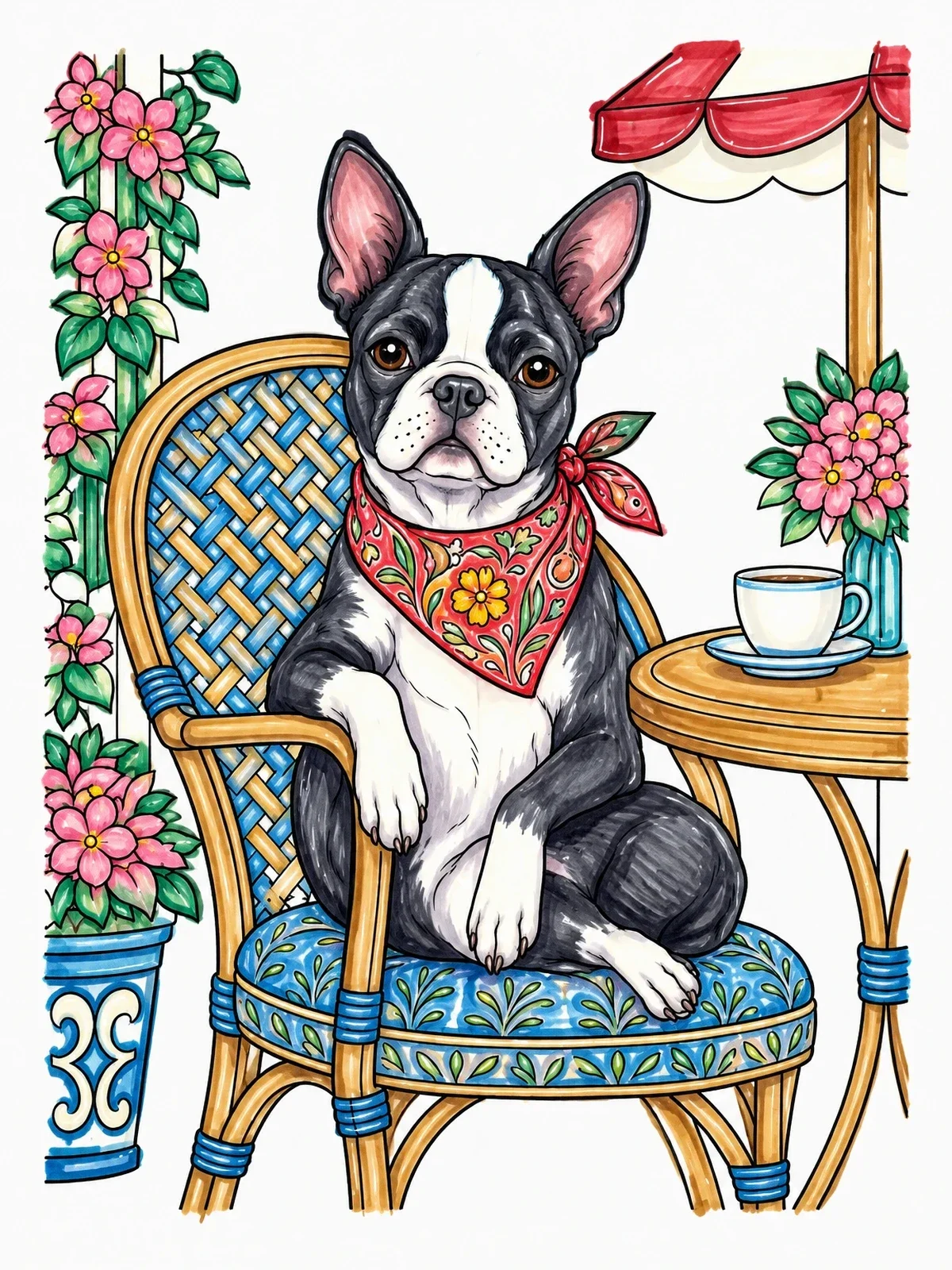 Colored example of the Boston Terrier At A Cafe Patio coloring page