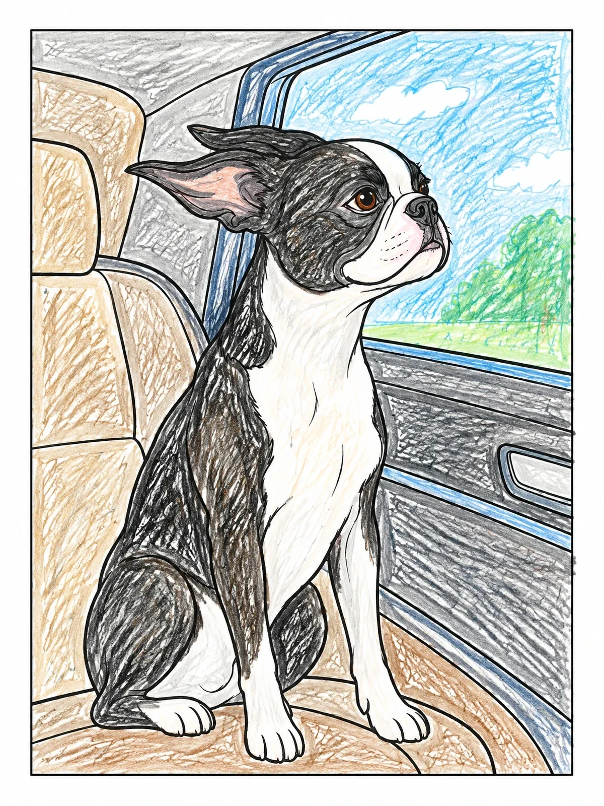 Colored example of the Boston Terrier Riding In A Car coloring page
