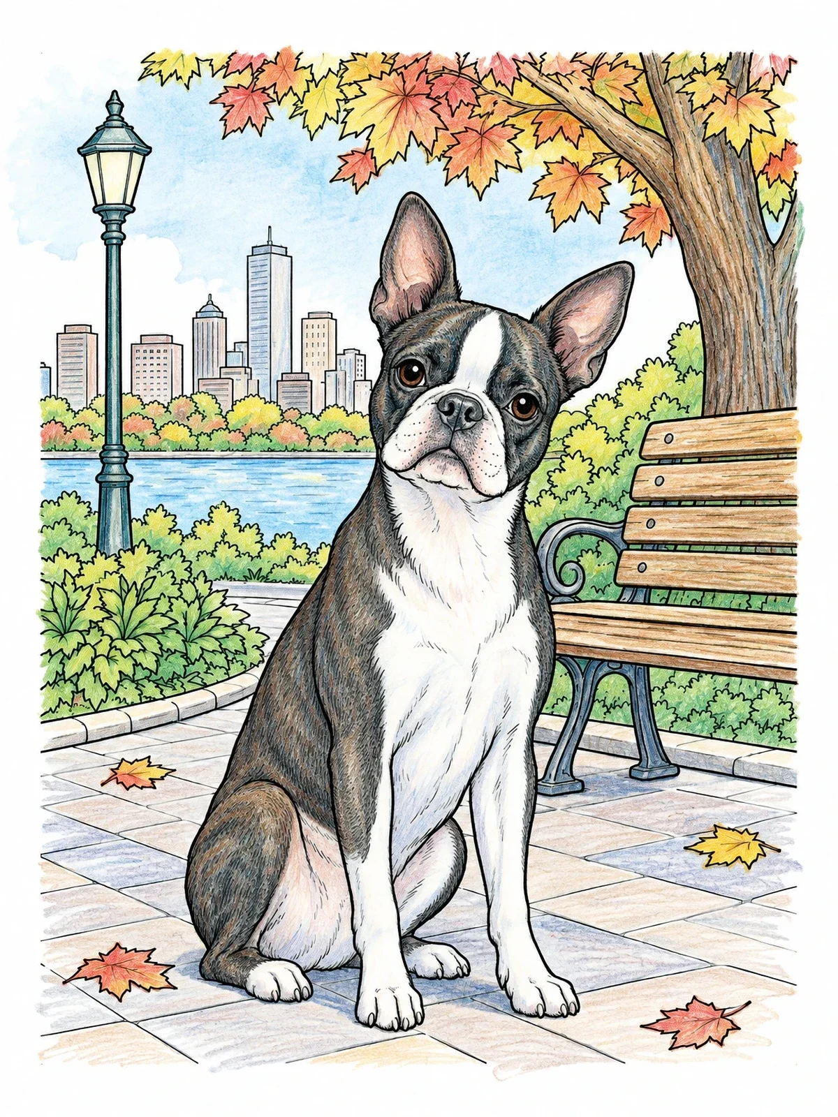 Colored example of the Boston Terrier In City Park coloring page
