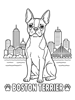 Free printable Boston Terrier With City Skyline coloring page
