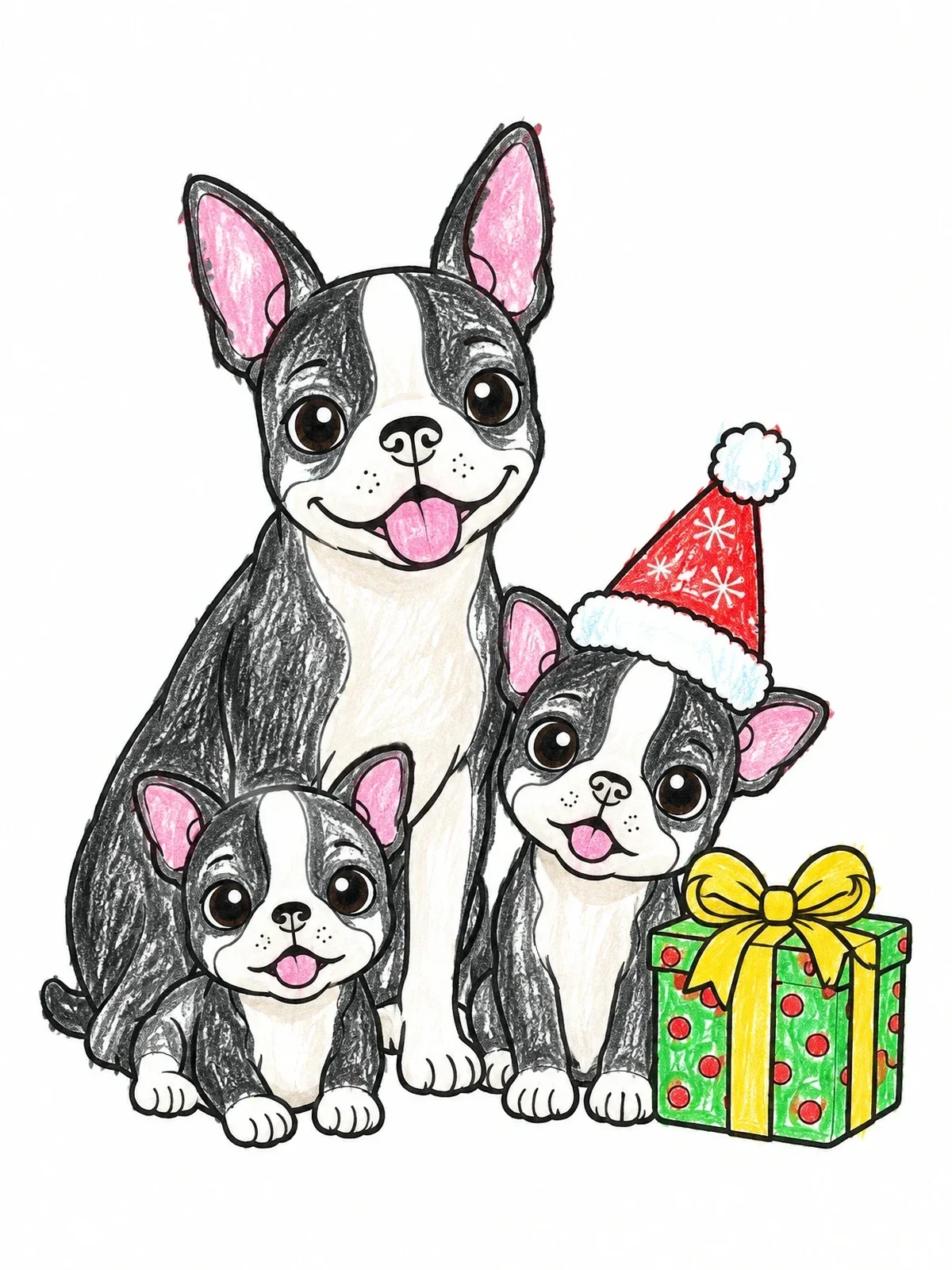 Colored example of the Boston Terrier Family With Gift coloring page