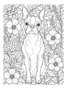 Free printable Alert Boston Terrier In Garden coloring page