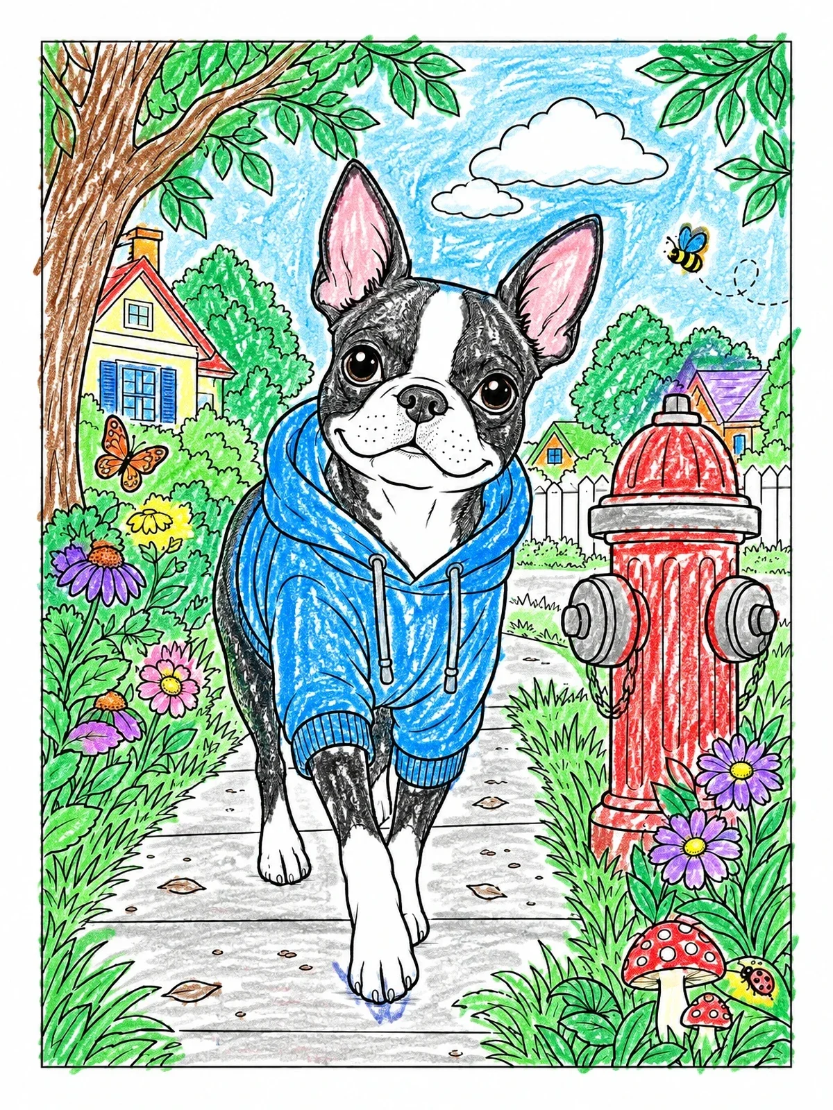 Colored example of the Boston Terrier In Cozy Hoodie coloring page