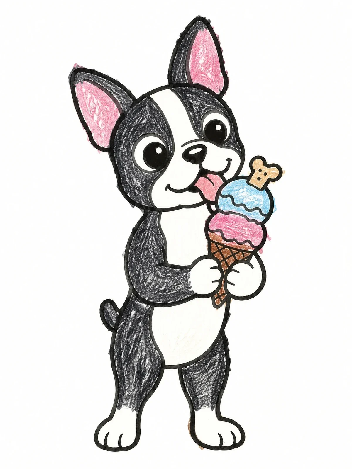 Colored example of the Boston Terrier With Ice Cream Cone coloring page