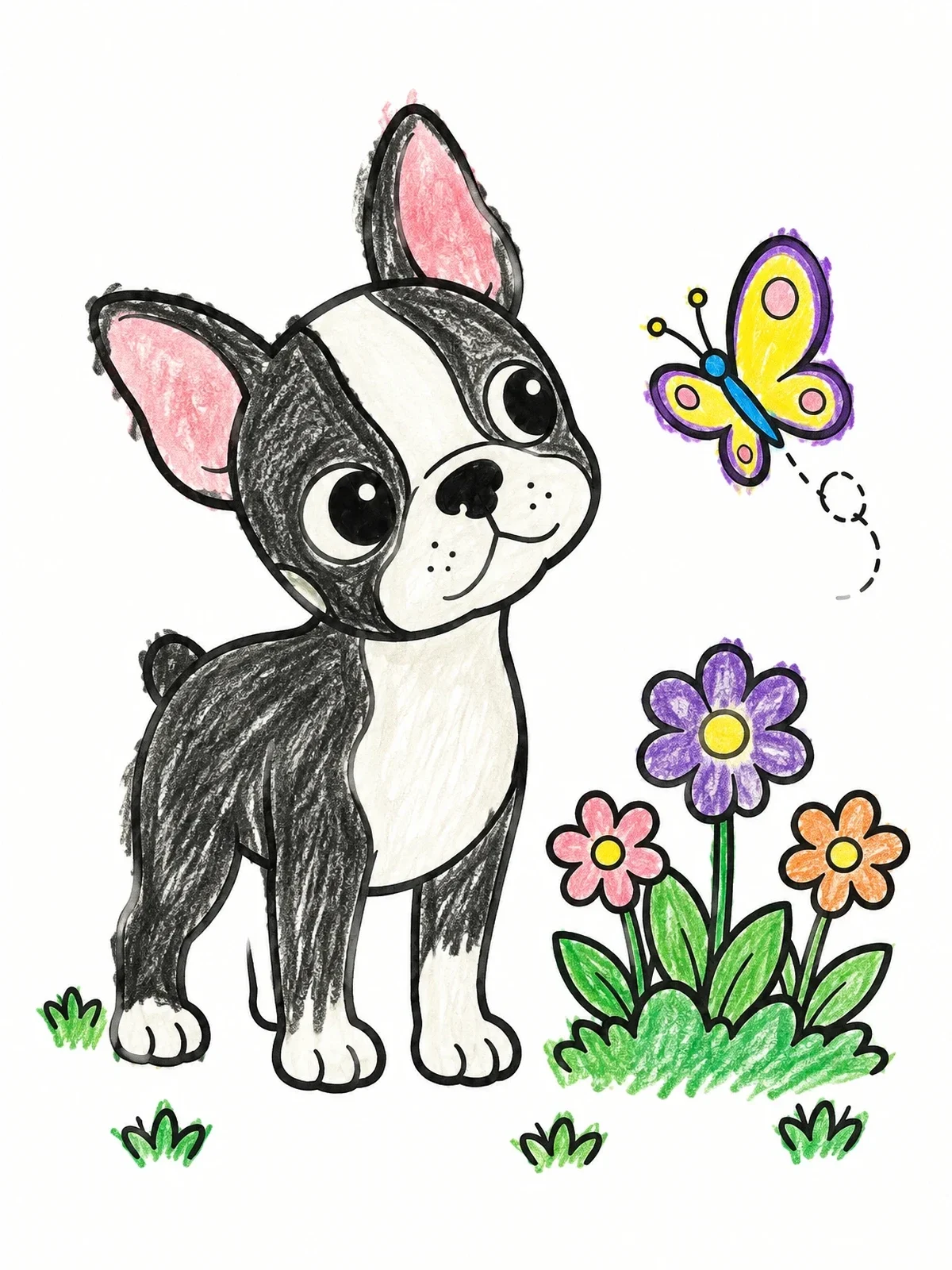 Colored example of the Playful Boston Terrier Puppy With Butterfly coloring page
