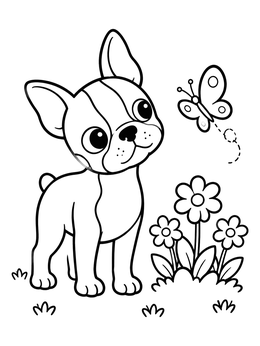 Free printable Playful Boston Terrier Puppy With Butterfly coloring page
