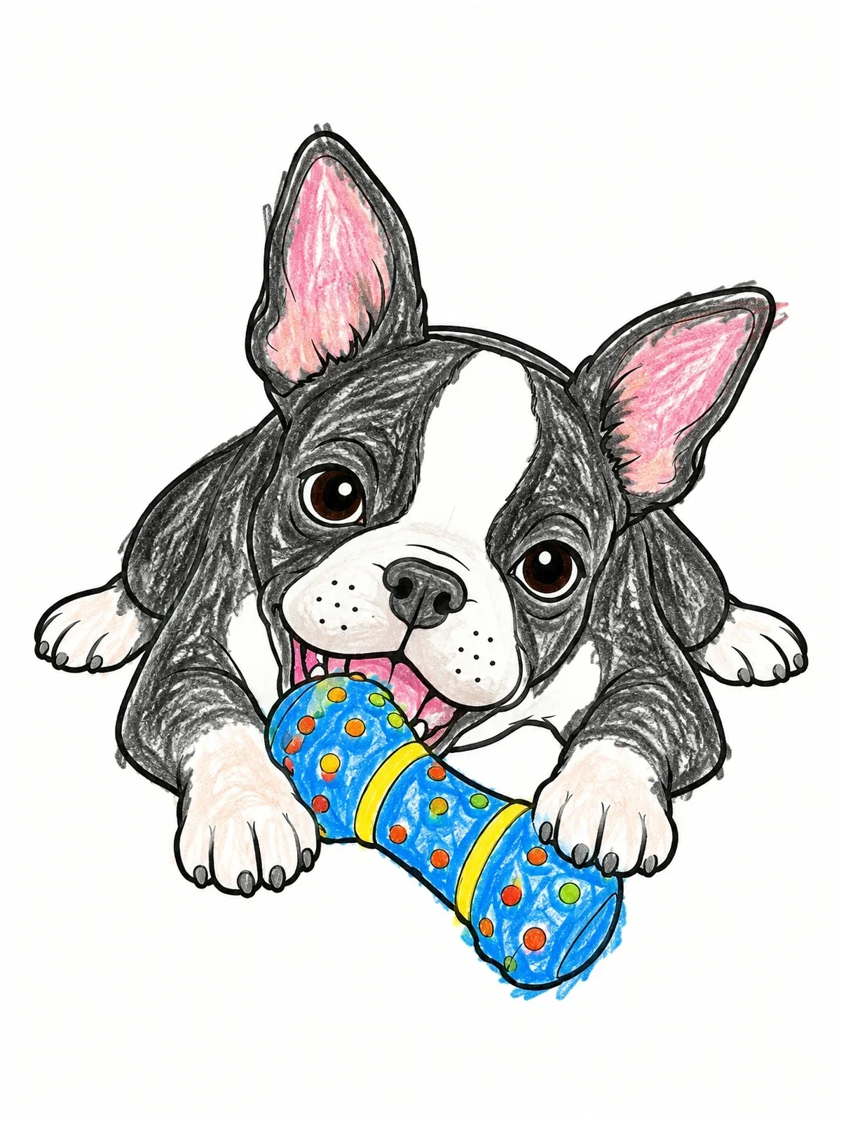 Colored example of the Playful Boston Terrier Puppy Chewing Toy coloring page