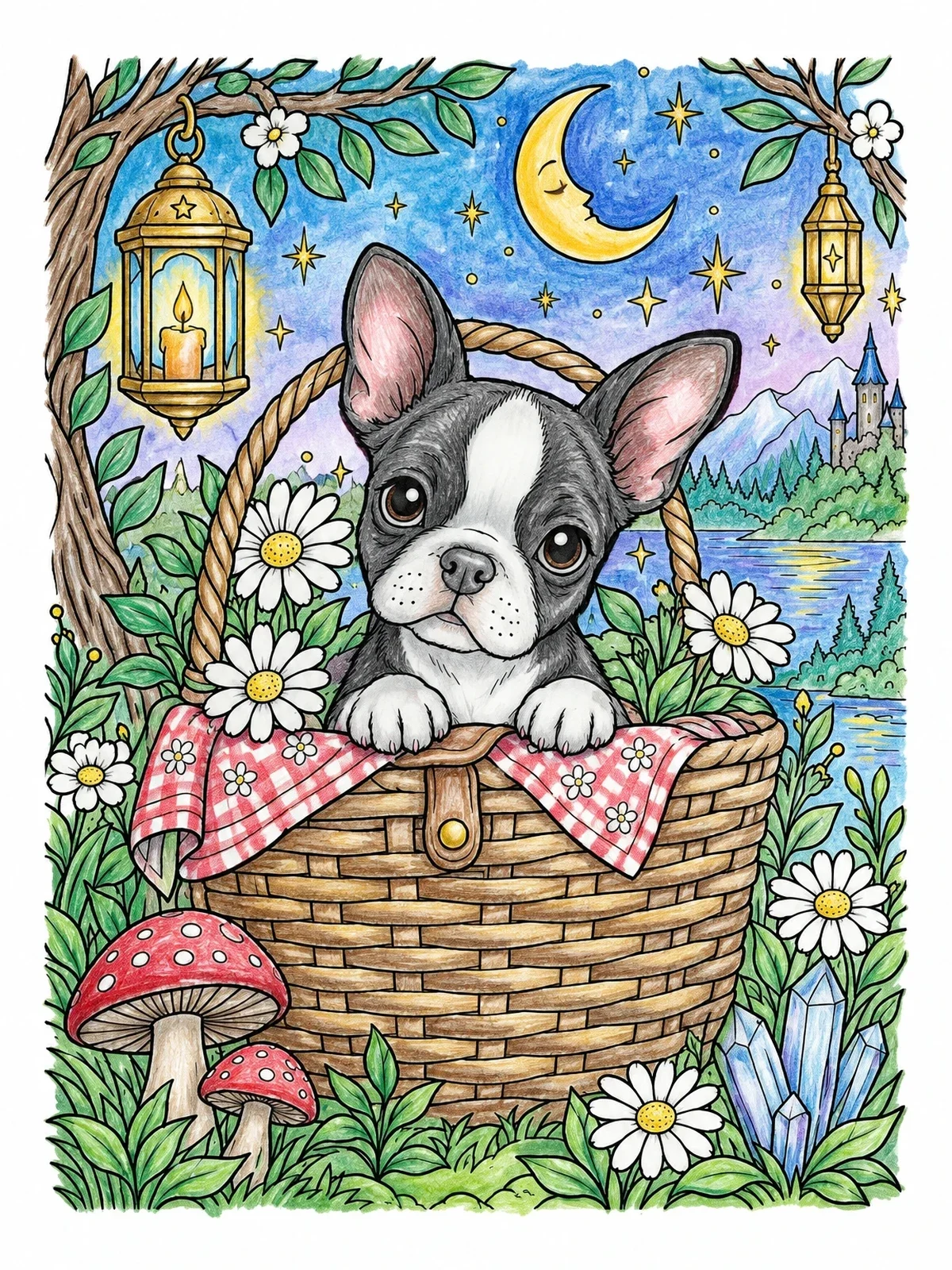 Colored example of the Boston Terrier Puppy In Picnic Basket coloring page