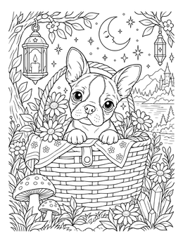 Free printable Boston Terrier Puppy In Picnic Basket coloring page