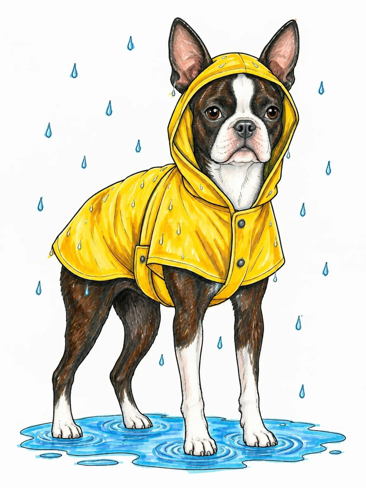 Colored example of the Boston Terrier In Raincoat Standing In Puddle coloring page