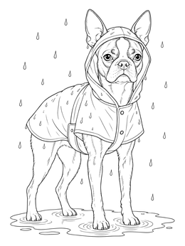Free printable Boston Terrier In Raincoat Standing In Puddle coloring page