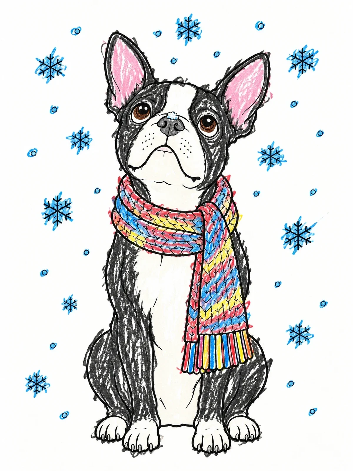 Colored example of the Boston Terrier In Winter Scarf coloring page