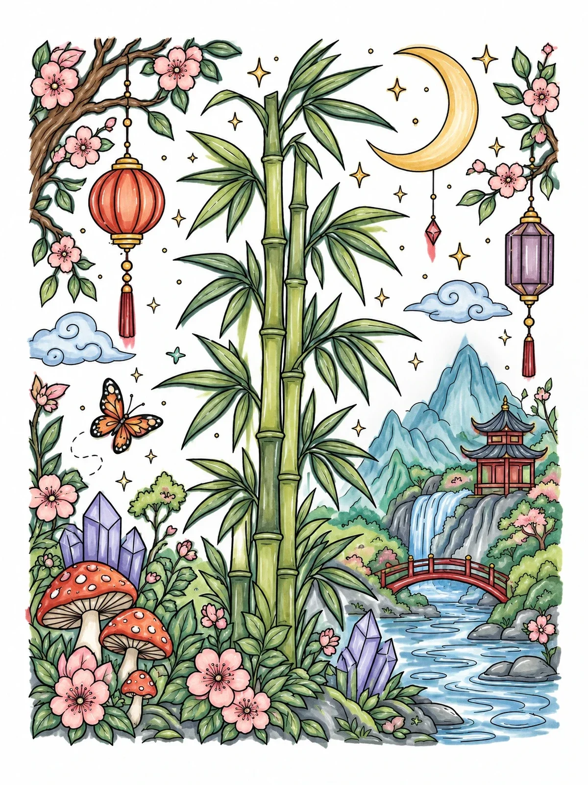 Colored example of the Bamboo Grove With Asian Garden coloring page
