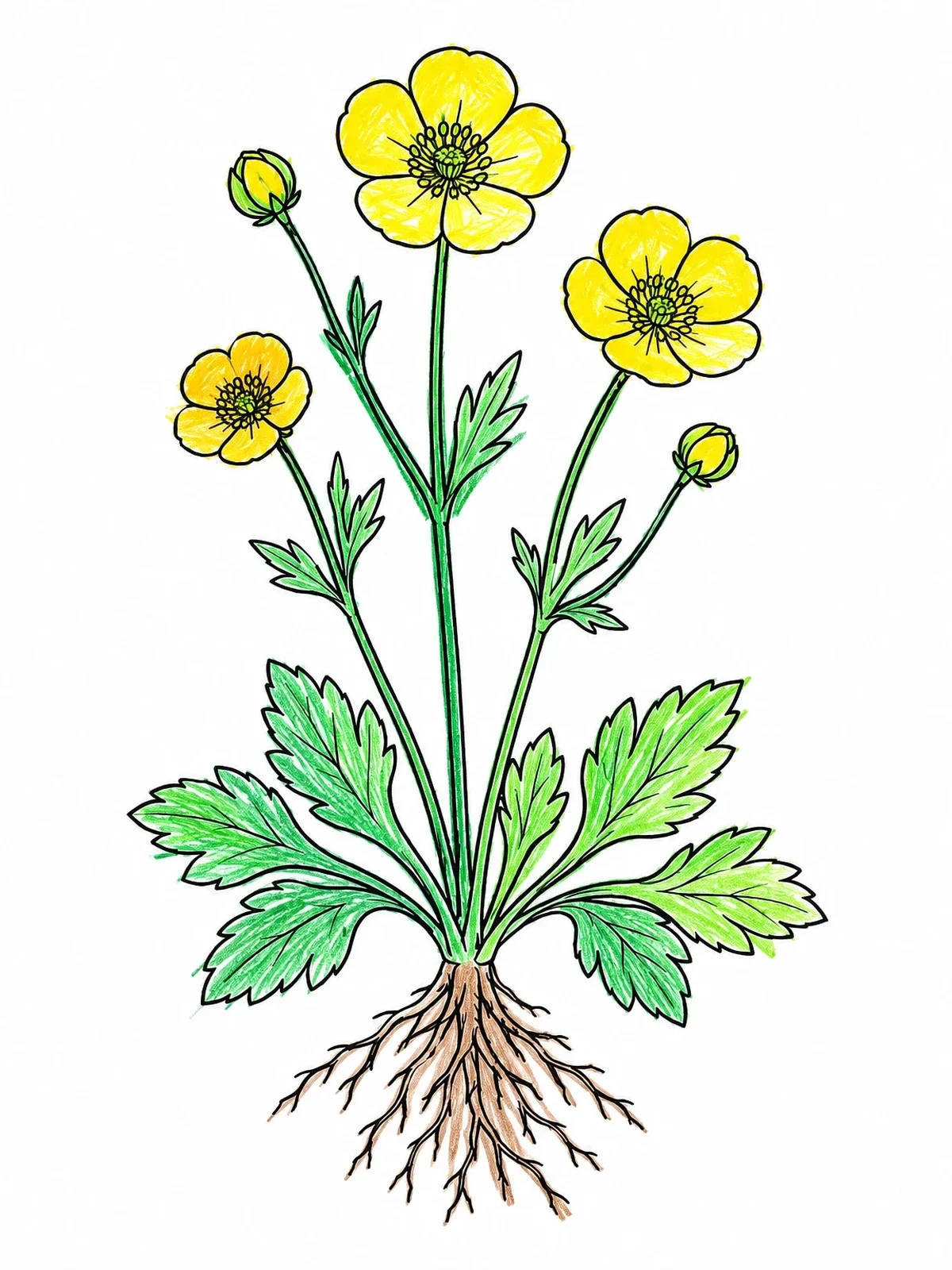 Colored example of the Botanical Buttercup Plant With Roots coloring page