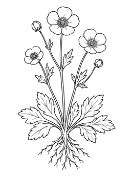 A detailed buttercup flower coloring page showing the full plant with blooms and roots.