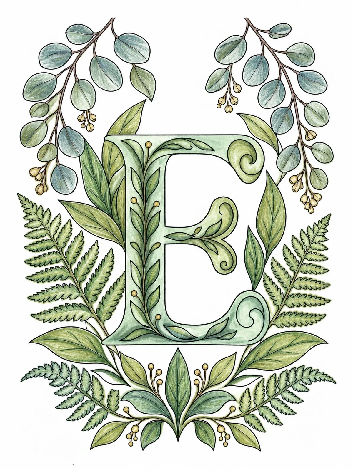 Colored example of the Botanical Capital Letter E coloring page