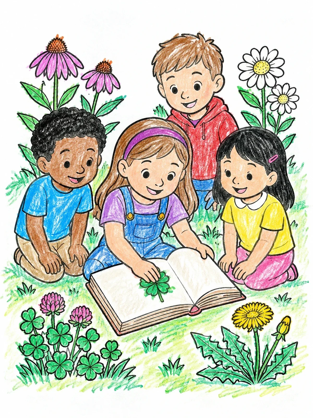 Colored example of the Children Pressing Clover In Garden coloring page