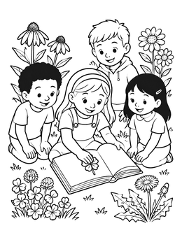 Free printable Children Pressing Clover In Garden coloring page
