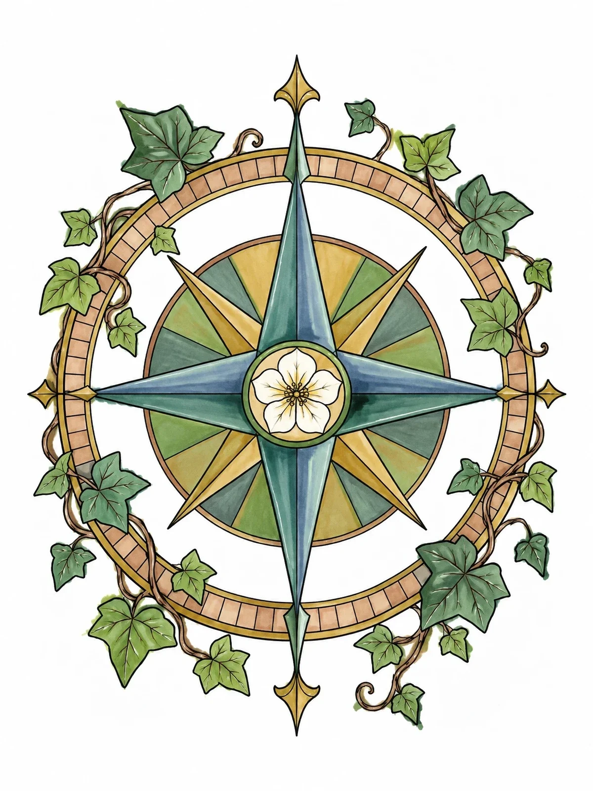 Colored example of the Botanical Compass Rose With Ivy coloring page