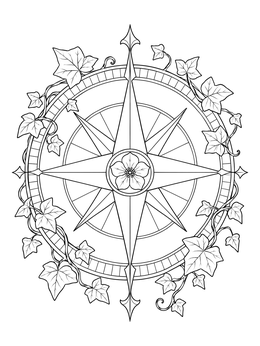 A decorative compass coloring page encircled by lush ivy leaves and vines with a flower center.