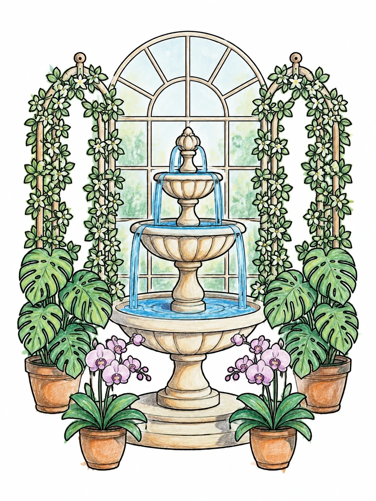 Colored example of the Conservatory Fountain With Tropical Plants coloring page