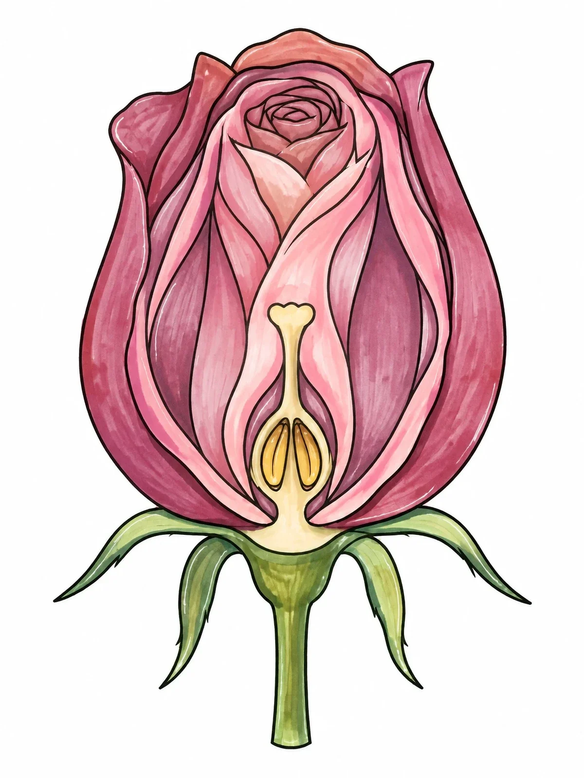 Colored example of the Botanical Cross Section Rose Bud coloring page