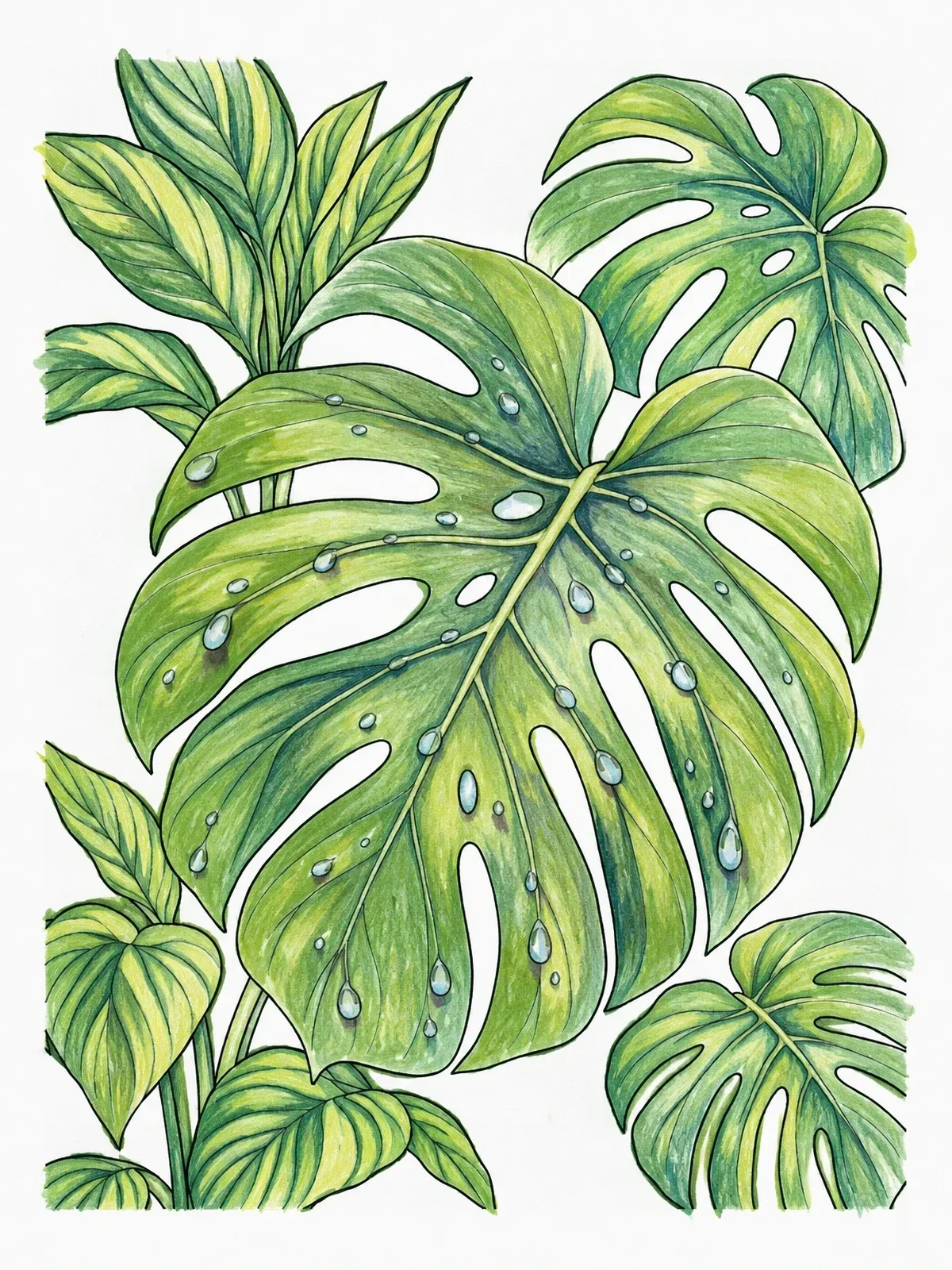 Colored example of the Dew Drops On Monstera Leaves coloring page