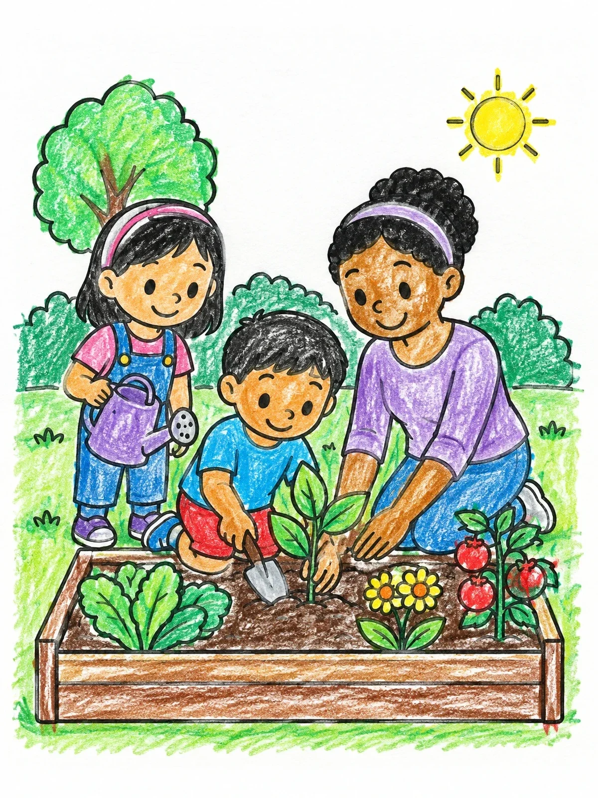 Colored example of the Family Gardening In Raised Bed coloring page